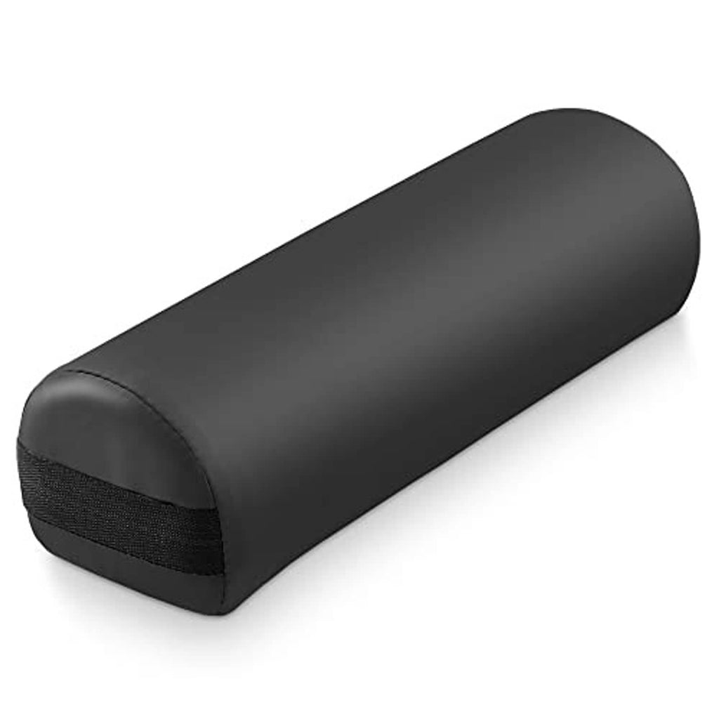 Black cylindrical massage table bolster pillow with rounded ends and fabric edge