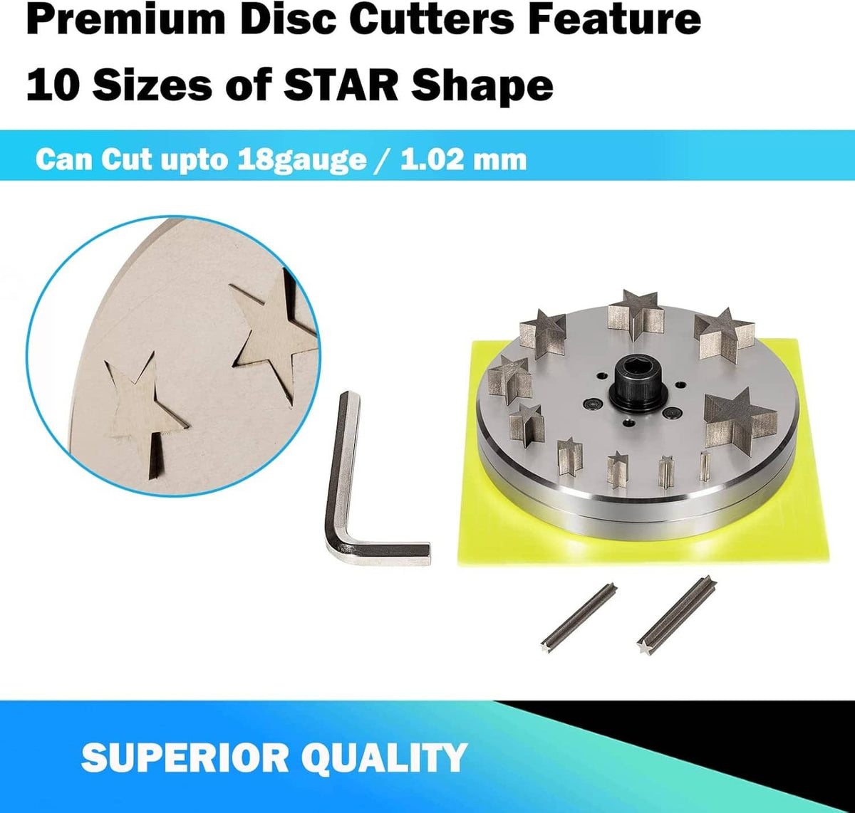 Star disc cutter with circular punch plate, L hex wrench, and 10 star punches