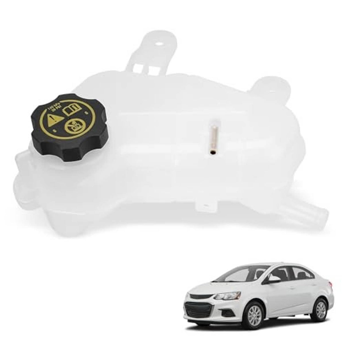 White coolant recovery tank with black cap featuring yellow icon and small vent tube