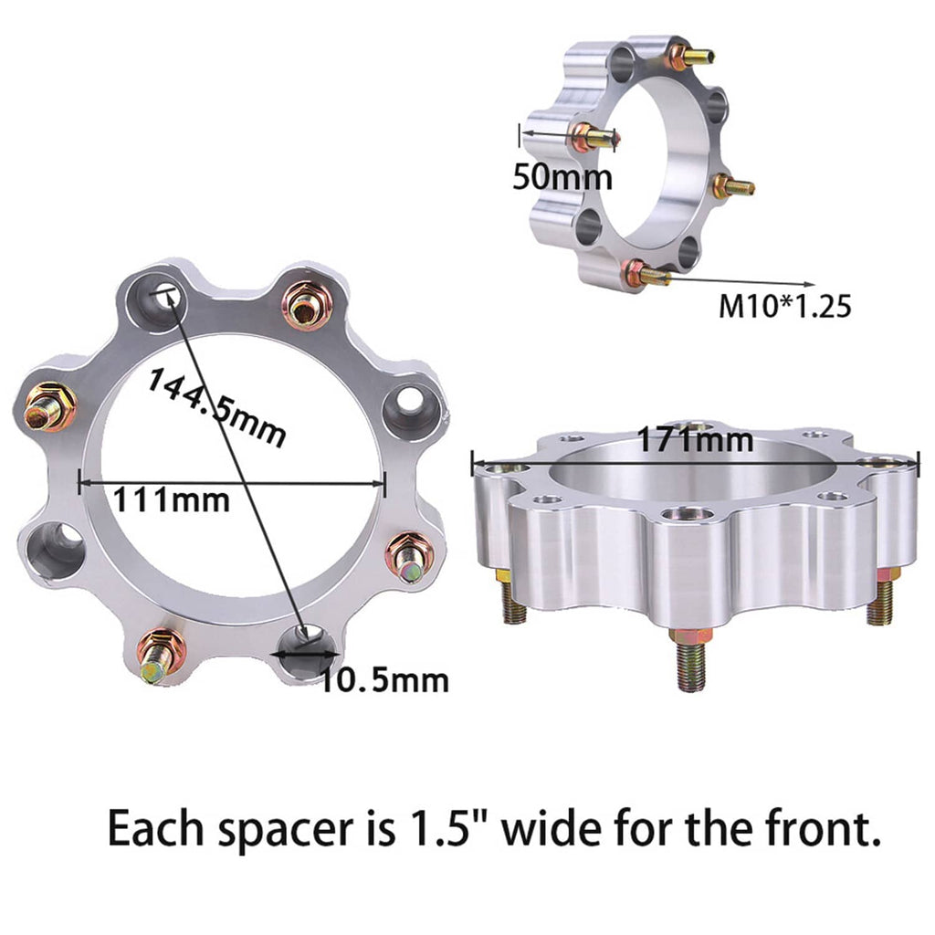Silver front wheel spacers with size callouts; circular hub and stud locations