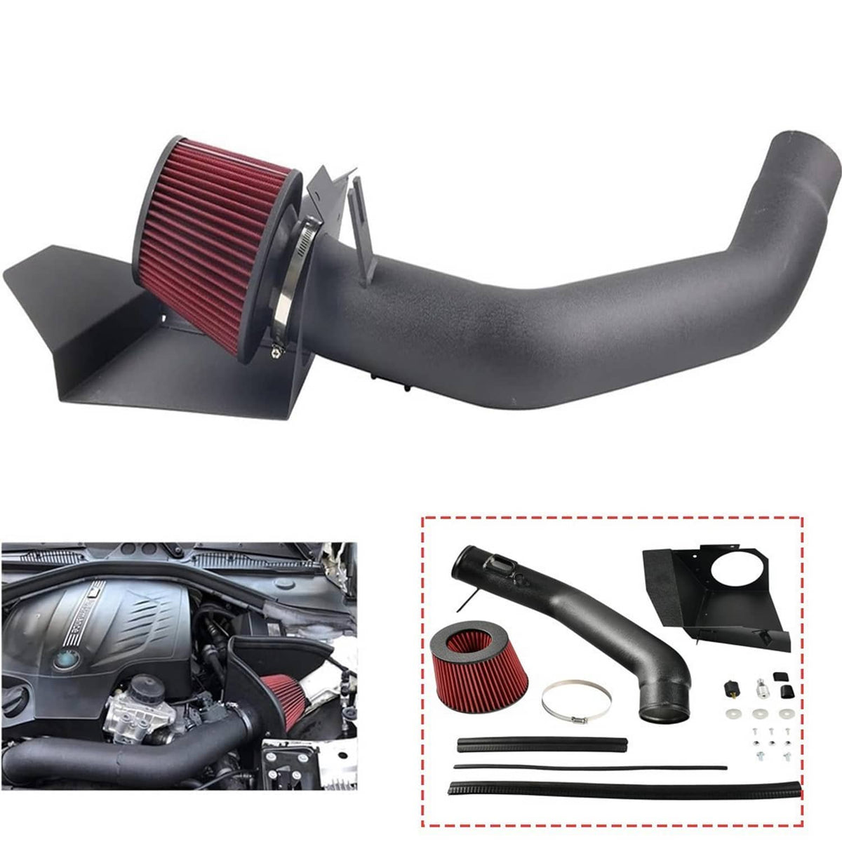 Cold air intake system with black tubing and red cone panel filter, angled view