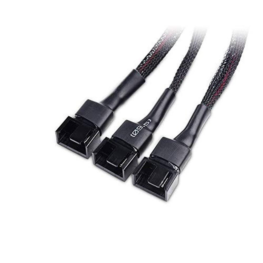 Computer case fan splitter cable with SATA power and three black connectors, braided