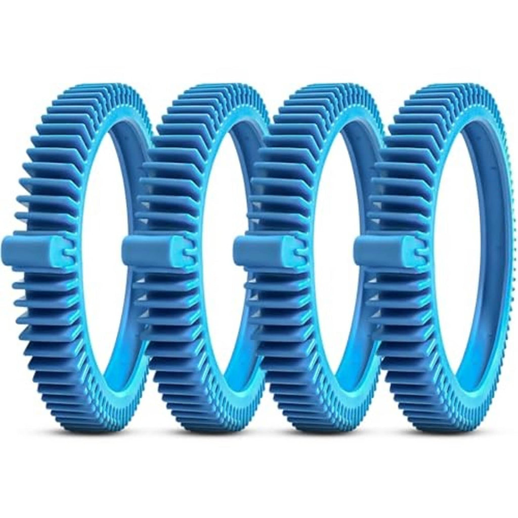 Four blue front replacement tires with dense ribbed tread and circular hub