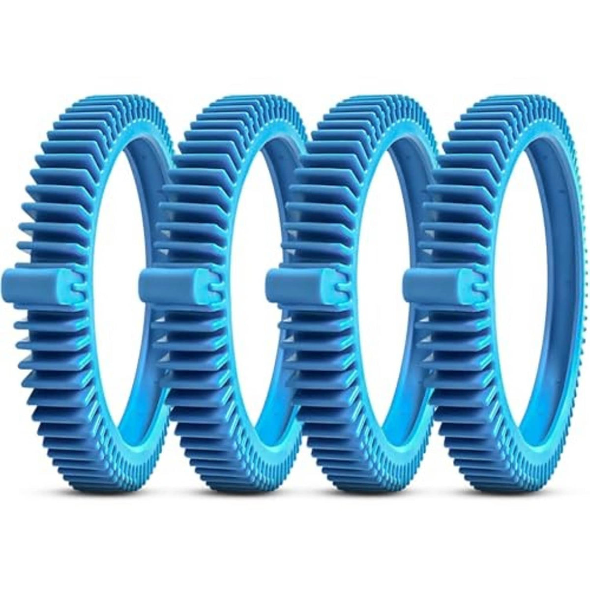 Four blue front replacement tires with dense ribbed tread and circular hub