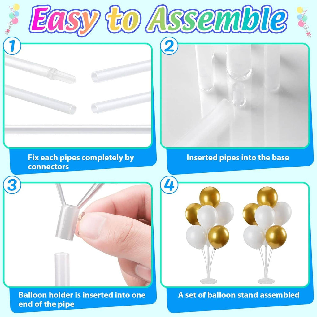 Balloon arch stand assembly parts: clear poles, connectors, and round base for holders