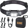 Rechargeable LED headlamp with black strap, silver housing, USB cable and SLONIK pouch