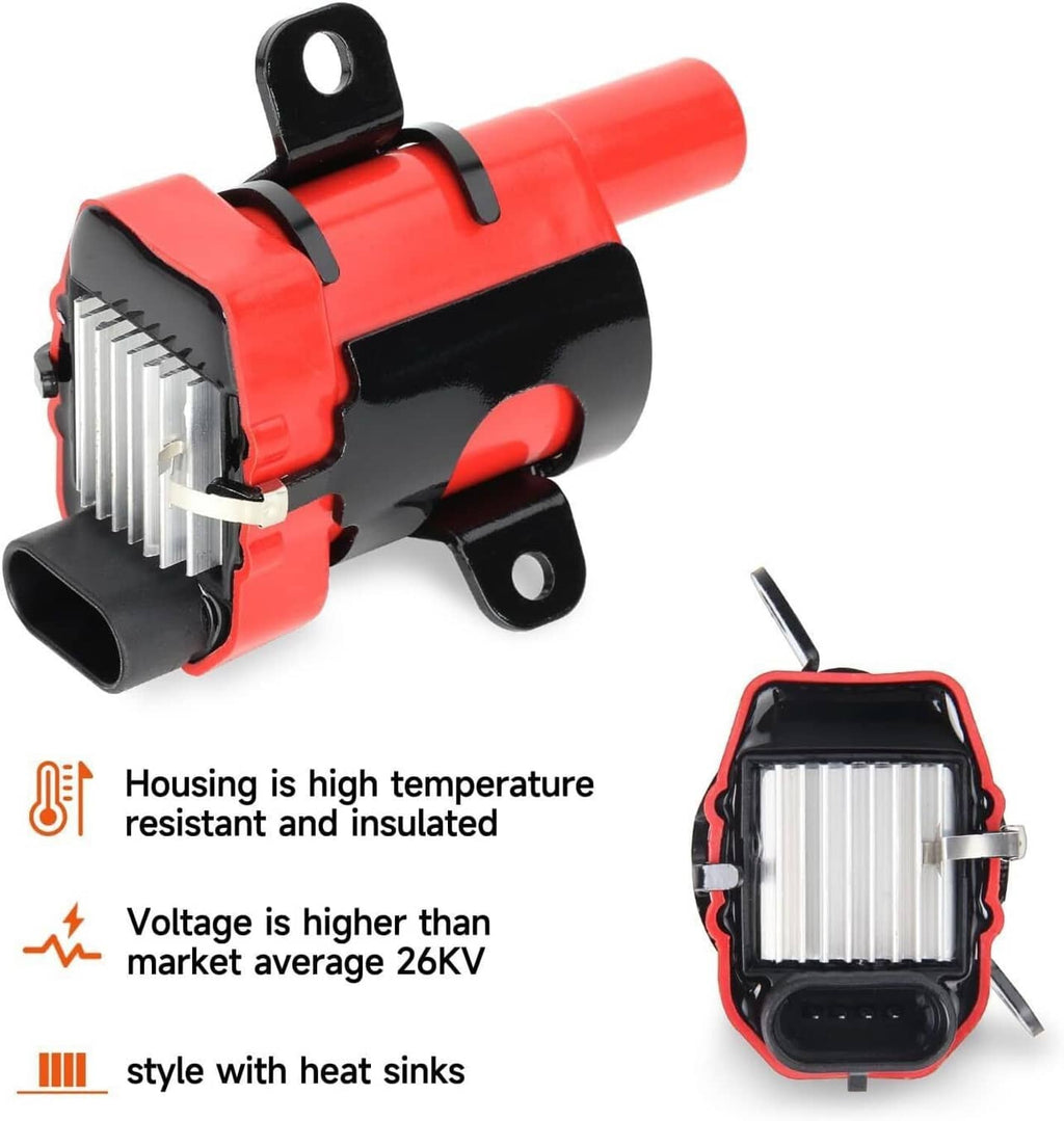 Ignition coil pack with red housing, black base, and silver heat sink fins, two angles