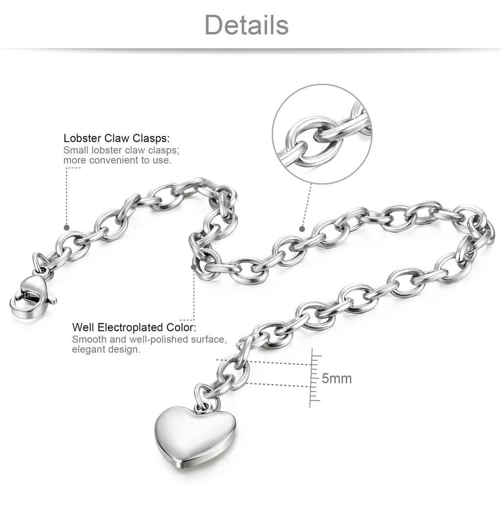 Silver-tone bracelet chain with lobster claw clasp and heart charm detail