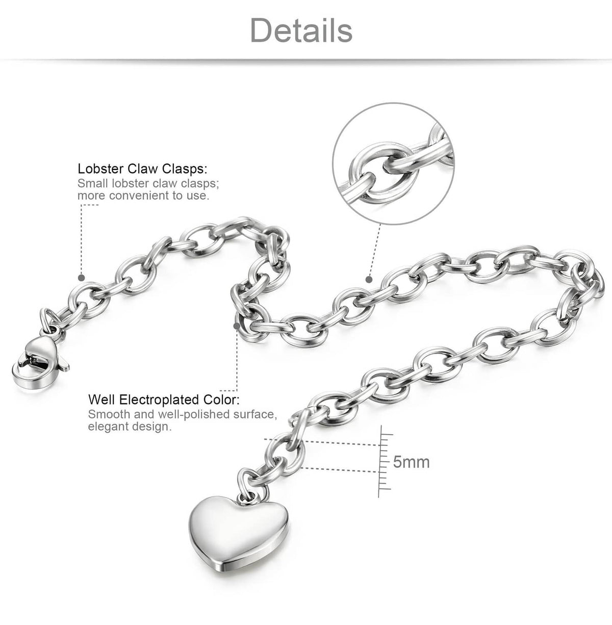 Silver-tone bracelet chain with lobster claw clasp and heart charm detail