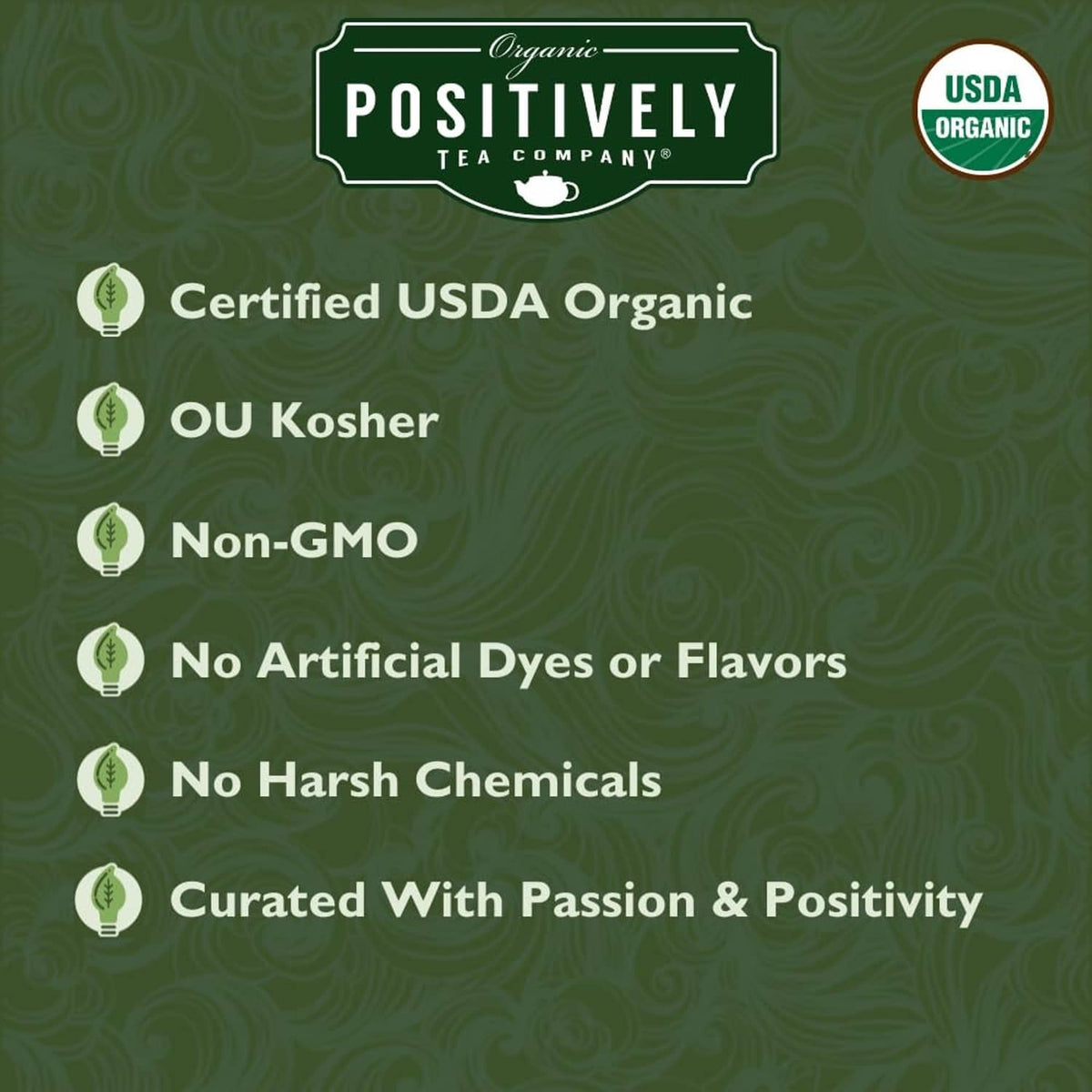 Organic green tea product label: Certified USDA Organic, Kosher, Non-GMO