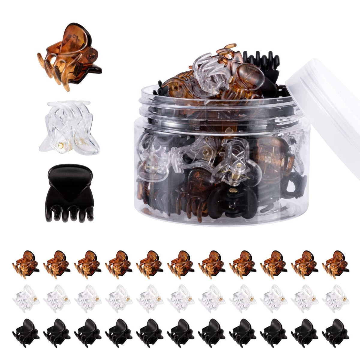 Mini hair claw clips assorted in plastic container, brown, clear, and black