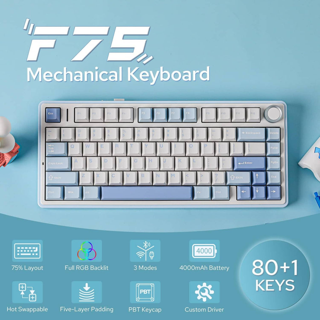 Sea salt blue mechanical keyboard with white and blue keycaps and volume knob