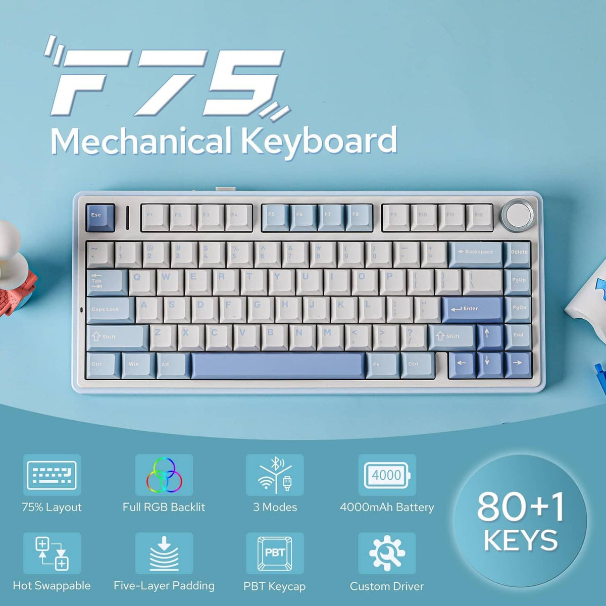 Sea salt blue mechanical keyboard with white and blue keycaps and volume knob