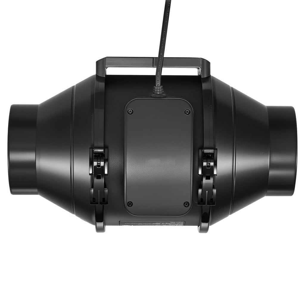 Top front view of black inline duct fan with electrical connections and mounting brackets