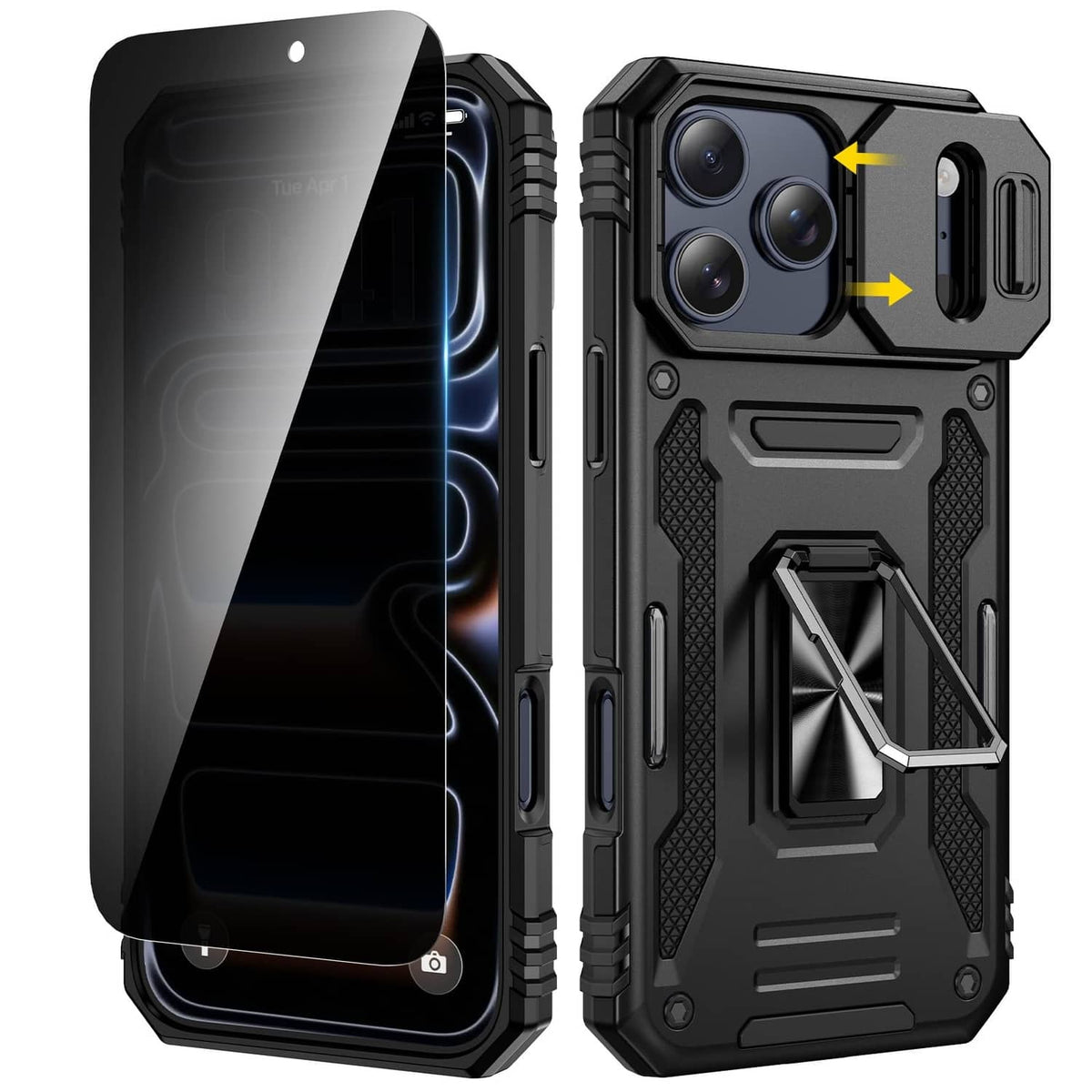 Black rugged phone case with privacy screen and camera lens cutouts
