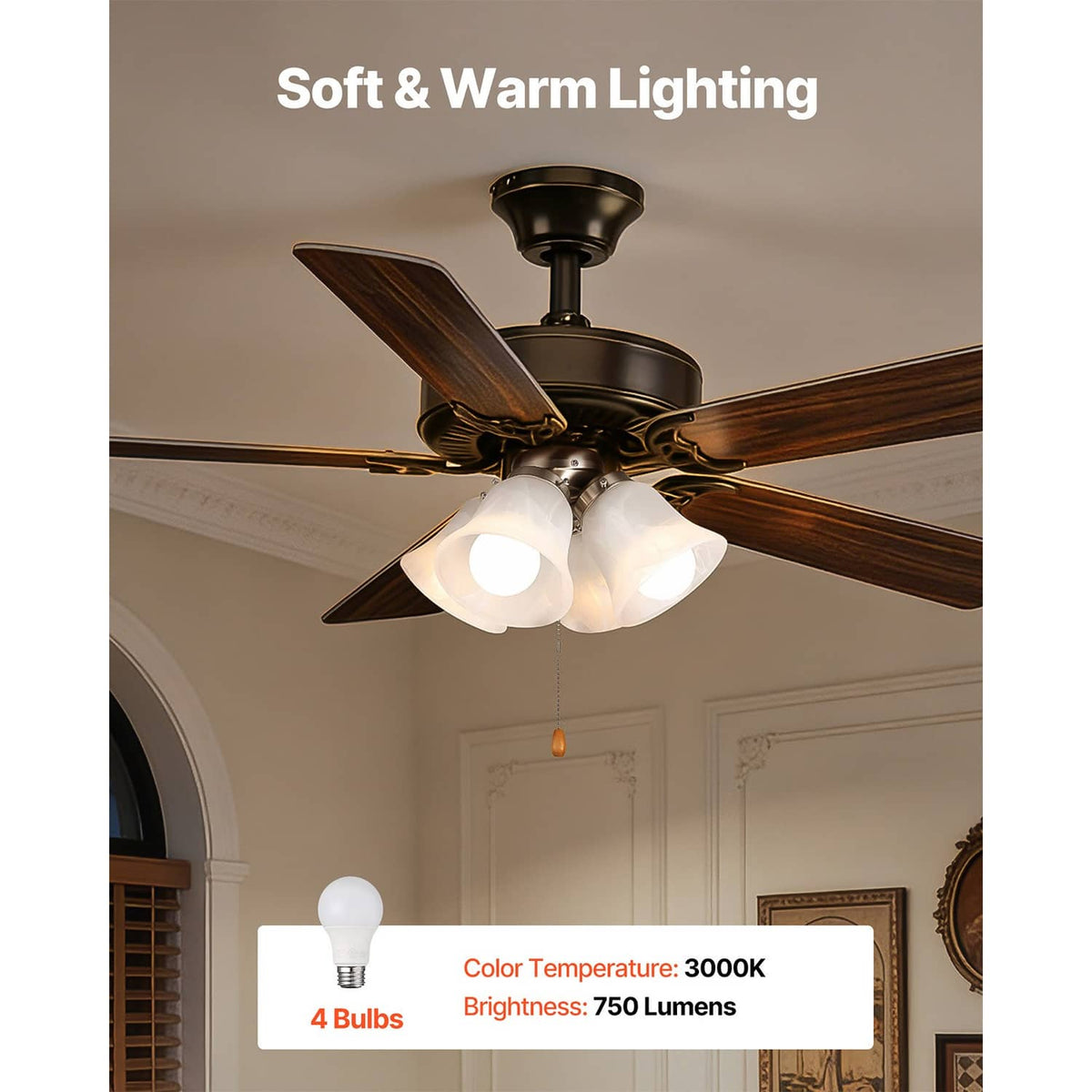 Ceiling fan four-light light kit with white shades for warm indoor lighting