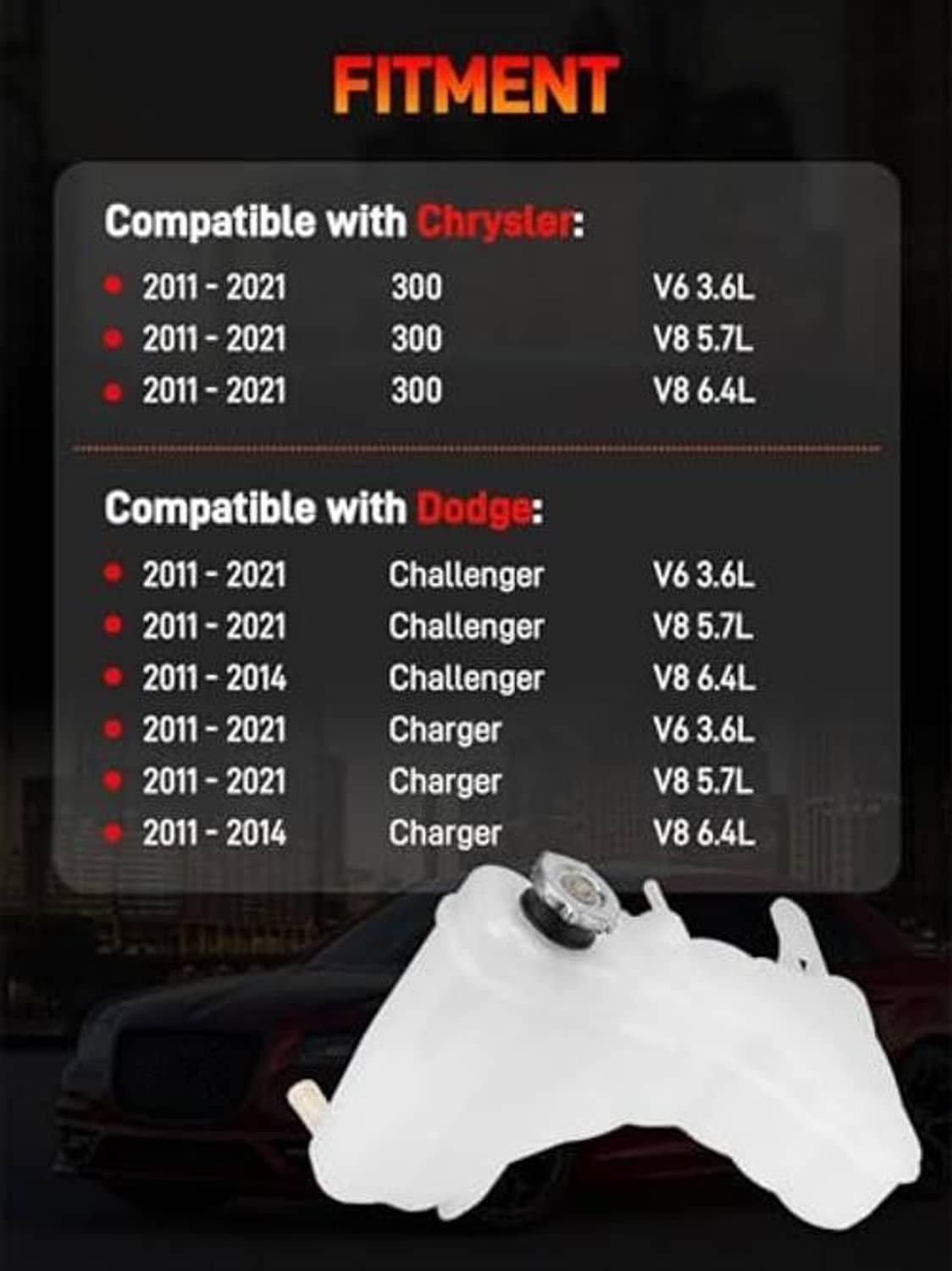 Engine coolant reservoir tank with cap, shown in a compatibility graphic.