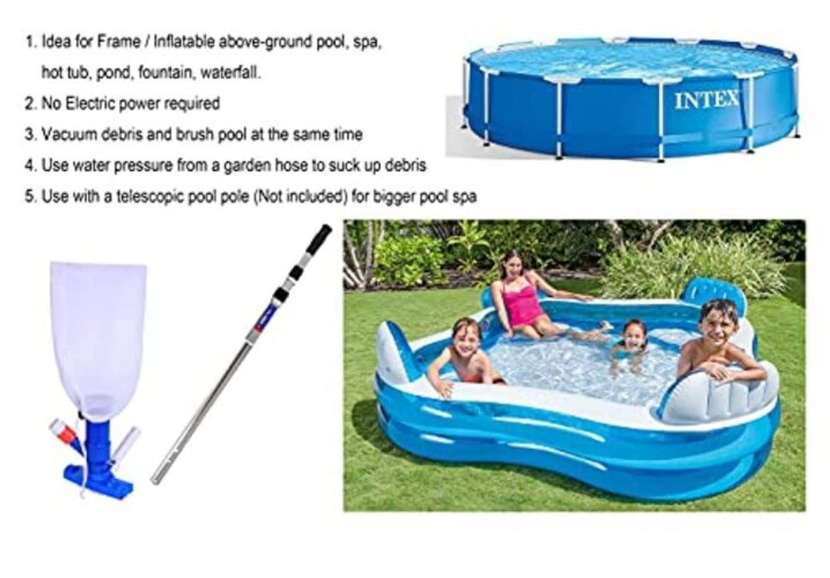 Pool jet vacuum cleaner with telescopic pole and white mesh bag for above-ground pools