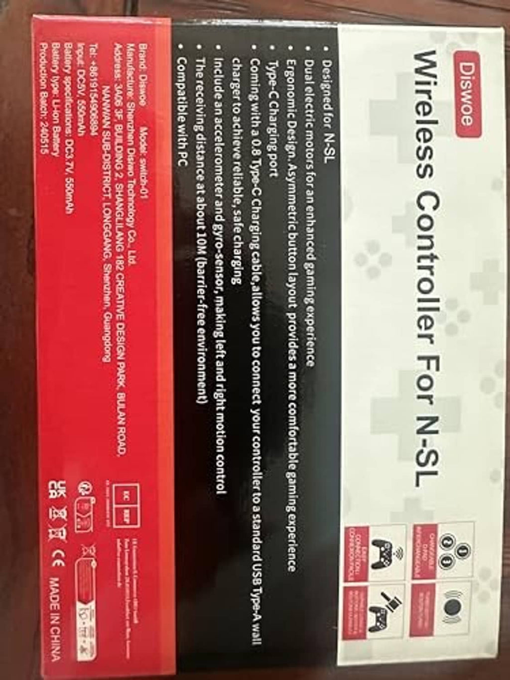 Back of wireless controller retail box with feature specs and icons
