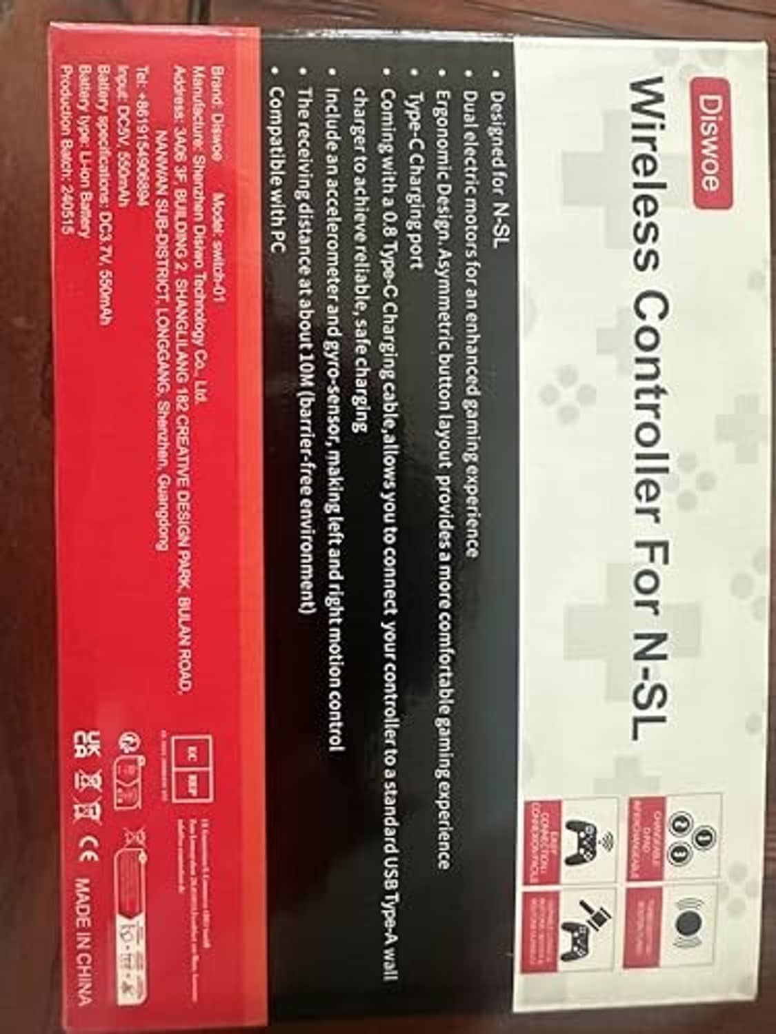 Back of wireless controller retail box with feature specs and icons