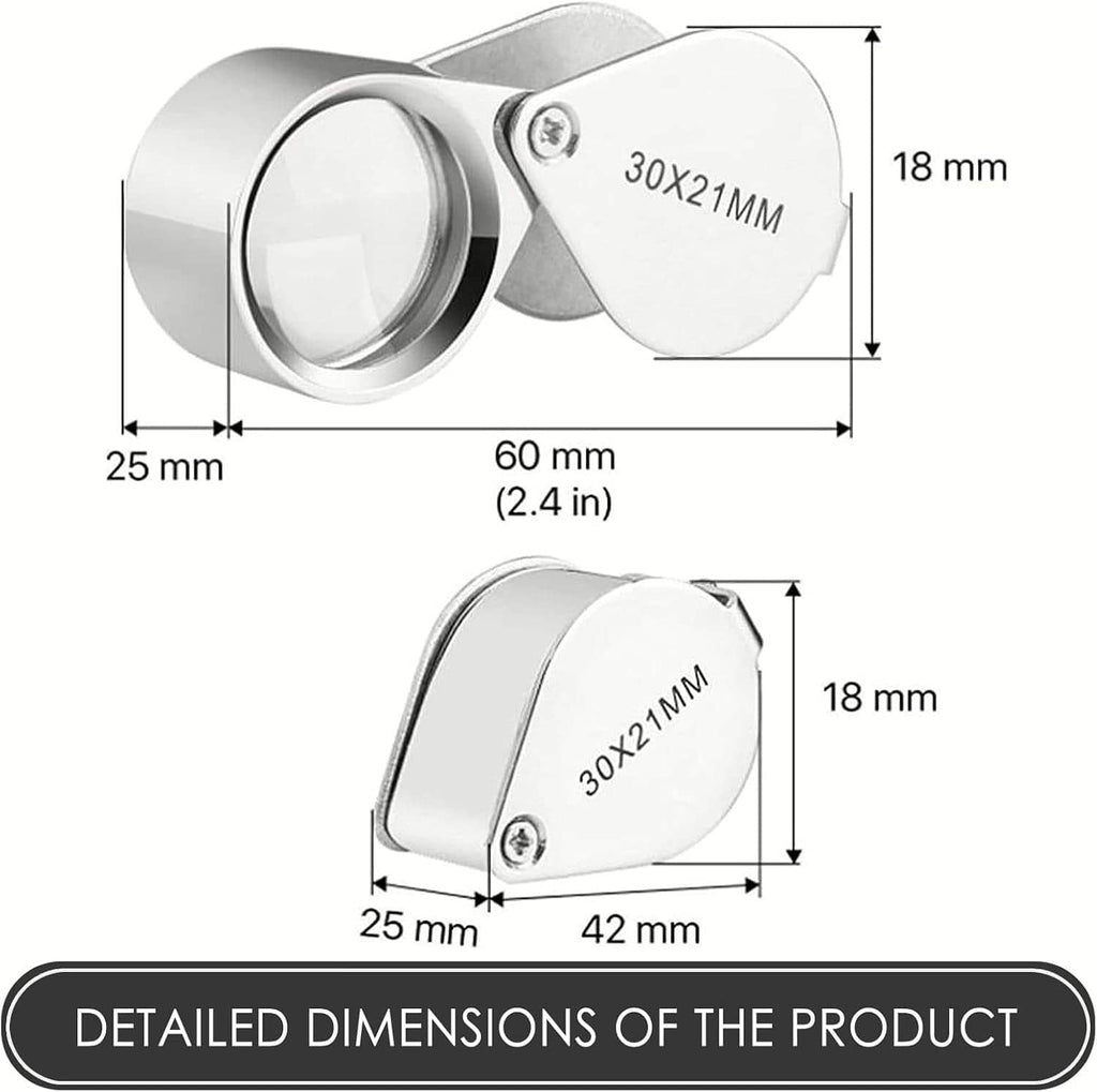 Foldable jewelry loupe magnifier with 30X magnification, shown with size dimensions