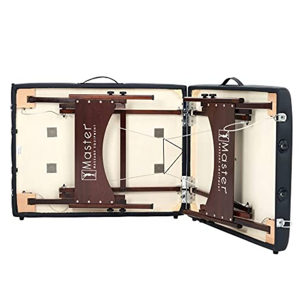 Open portable massage table case showing padded sections and wooden frame