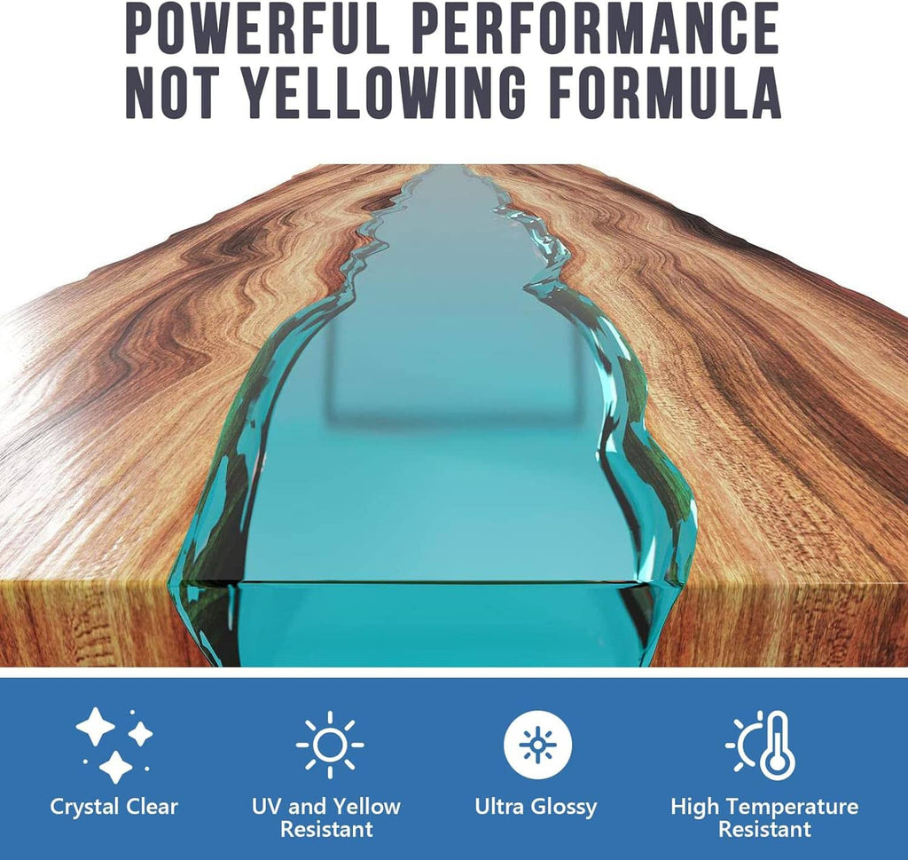 High-gloss clear epoxy resin pour over wood table with blue-tinted river effect