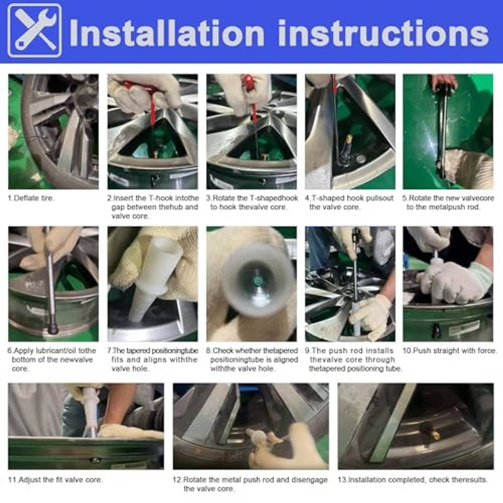 Tire valve stem installation toolset with illustrated step-by-step graphics and parts