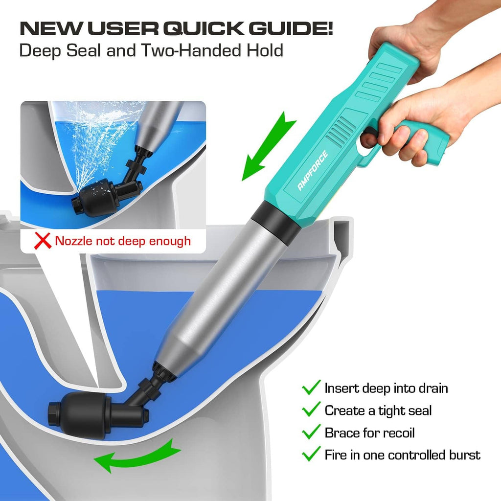 Mint green electric plunger handle with deep-seal nozzle and two-handed grip