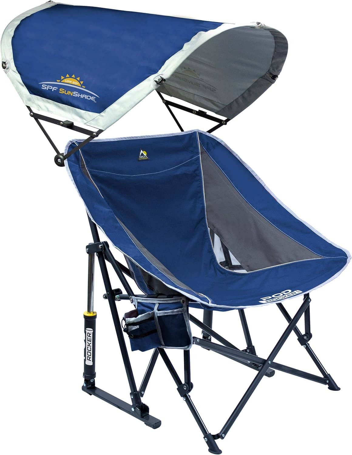 Blue outdoor rocking chair with canopy, gray side panel and folding steel frame