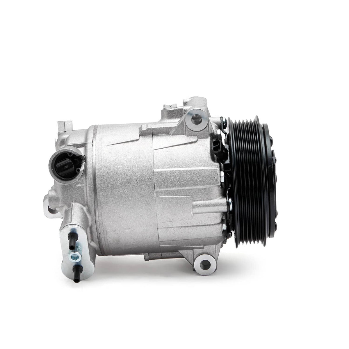 A/C compressor with clutch, side view with inlet port and black pulley