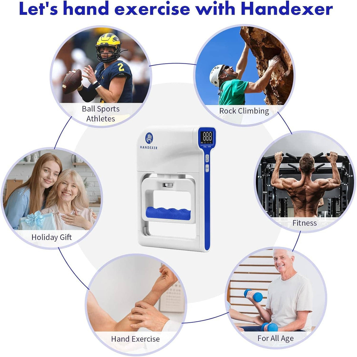 Digital hand dynamometer with backlit LCD shown with lifestyle use icons
