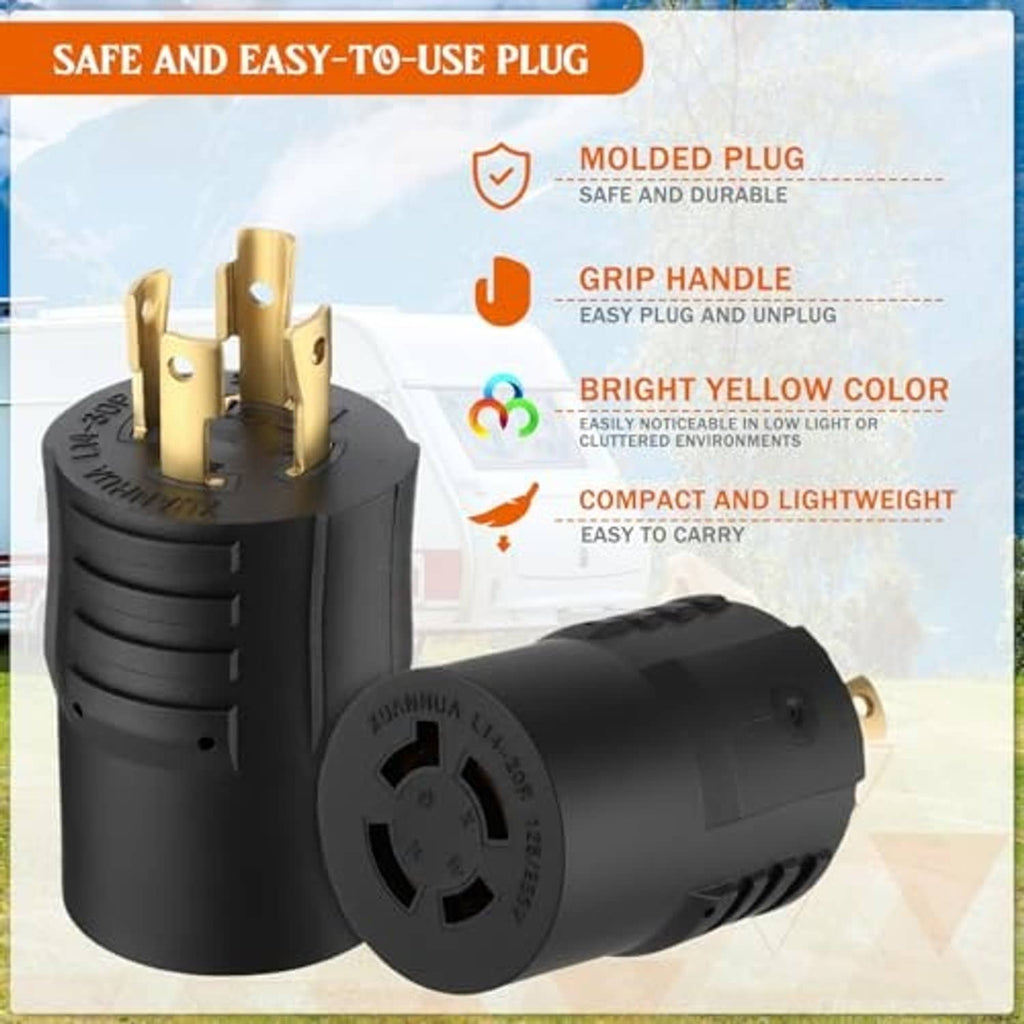 Black NEMA generator adapter with gold prongs and round twist-lock socket for 20A