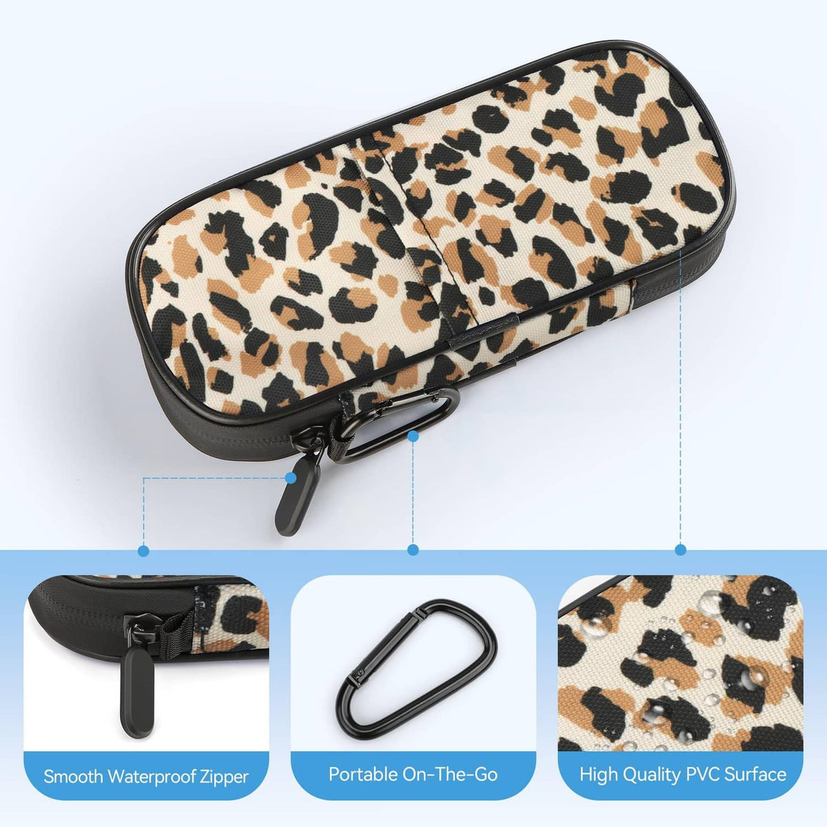 Leopard print insulated insulin cooler pouch with smooth zipper and handle loop