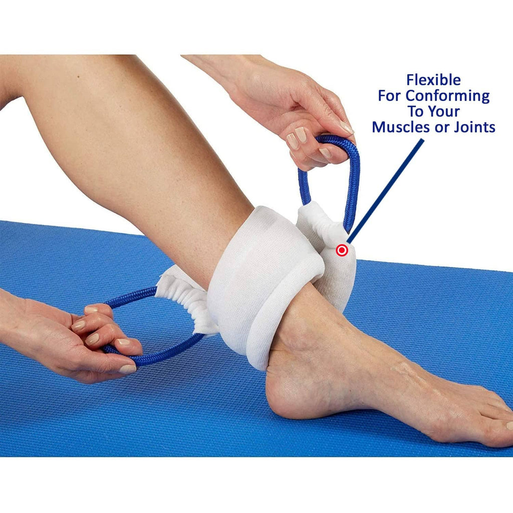 White neck wrap shaped and secured with blue cord on a blue surface