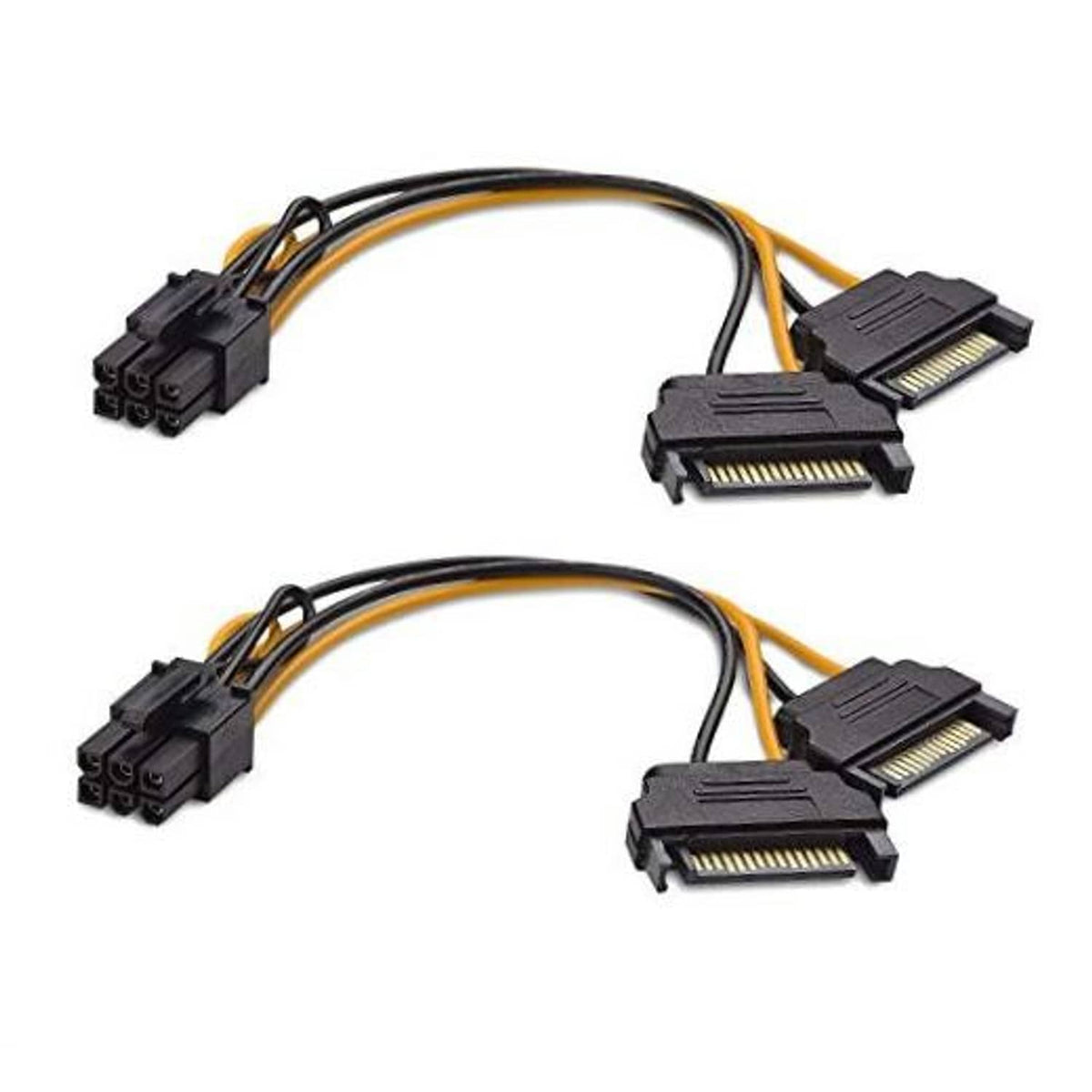 2-pack PCIe 6-pin to dual SATA power cable, black connectors with orange/black wires