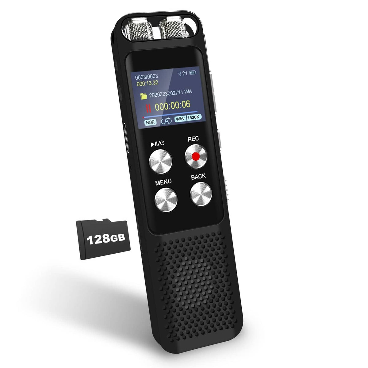 Black handheld digital voice recorder with top microphone grille and LCD screen, buttons