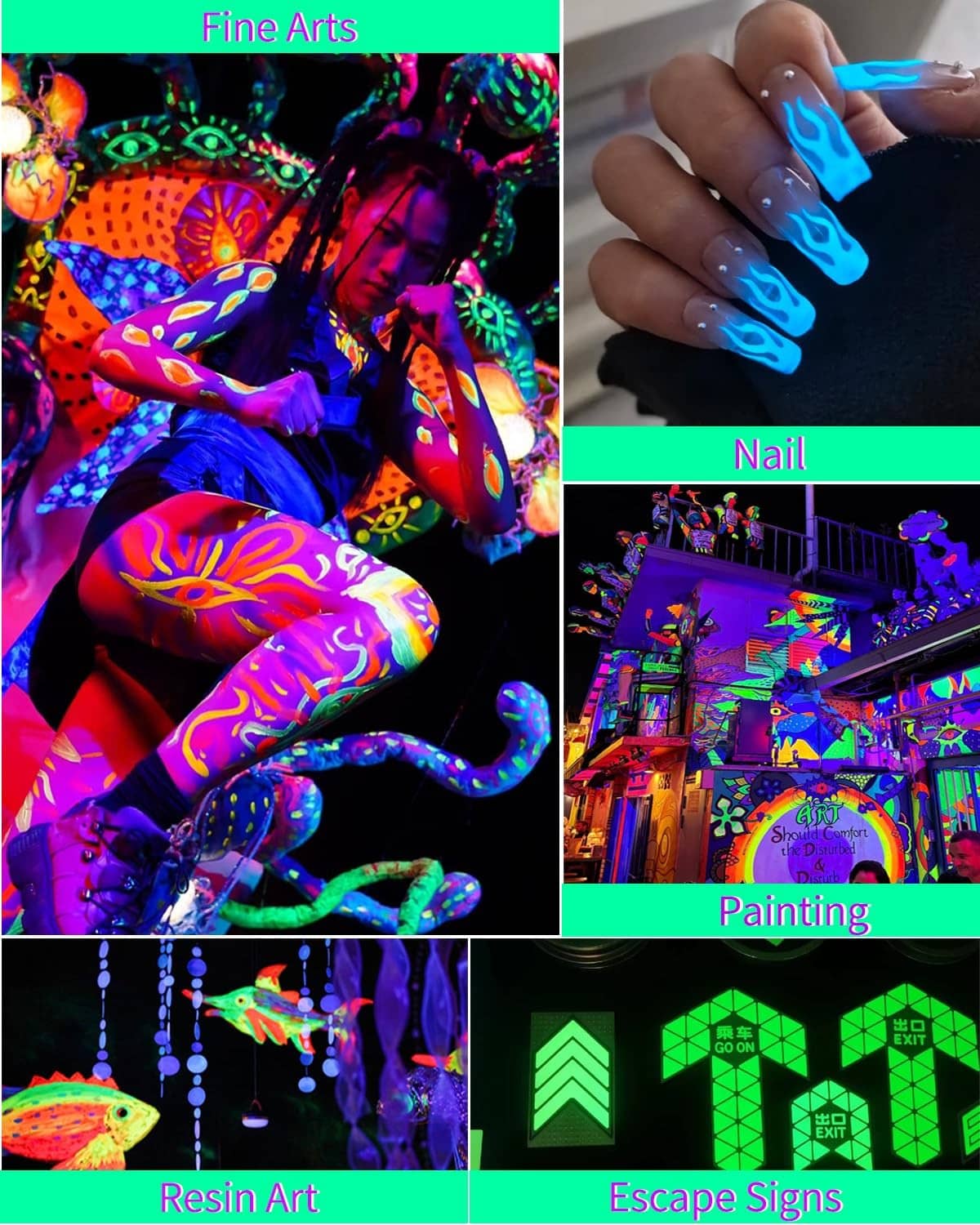 Glow pigment powder for fine arts: resin art and painting with colorful glowing designs