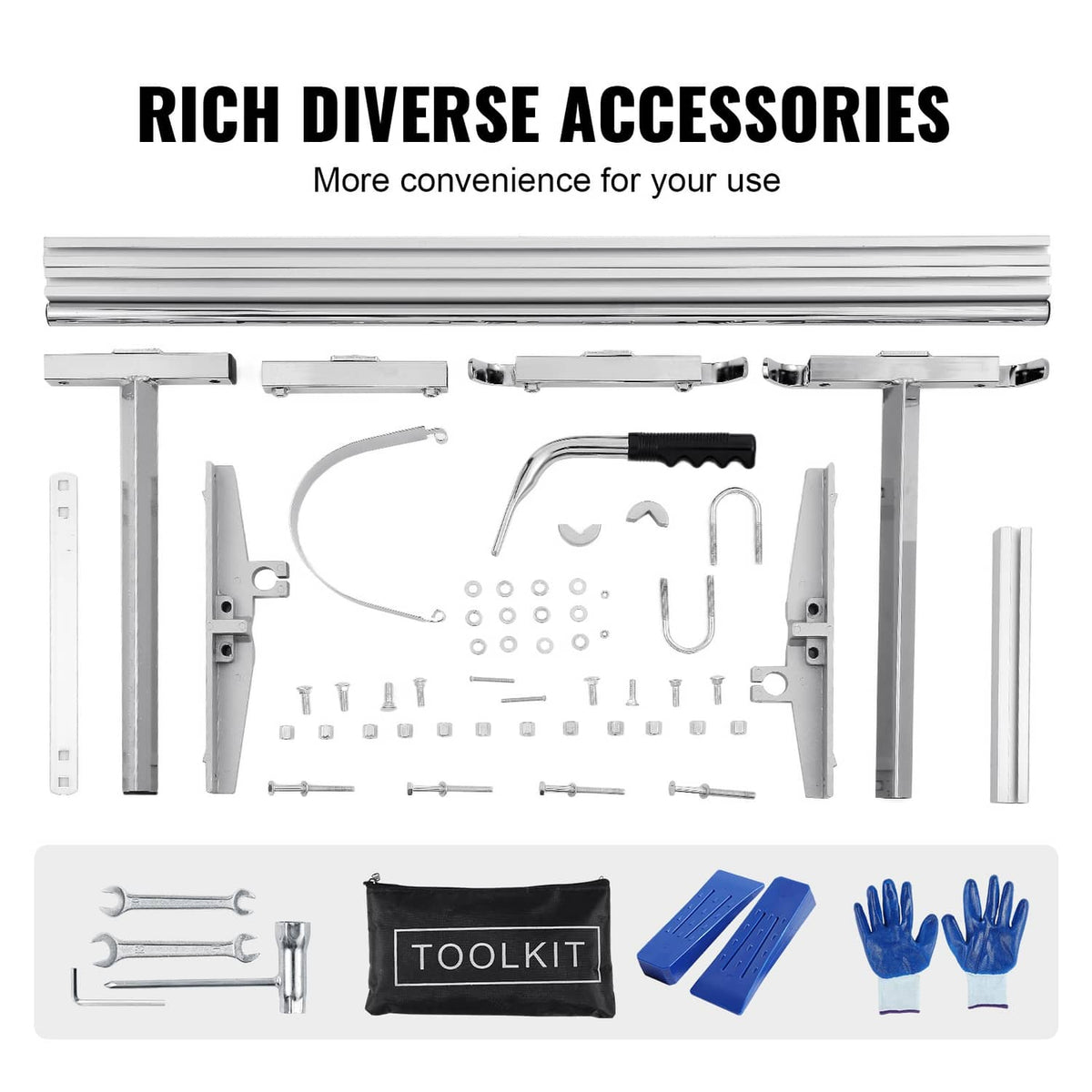 Chainsaw mill accessory kit with hardware, blue wedges, and toolkit bag for setup