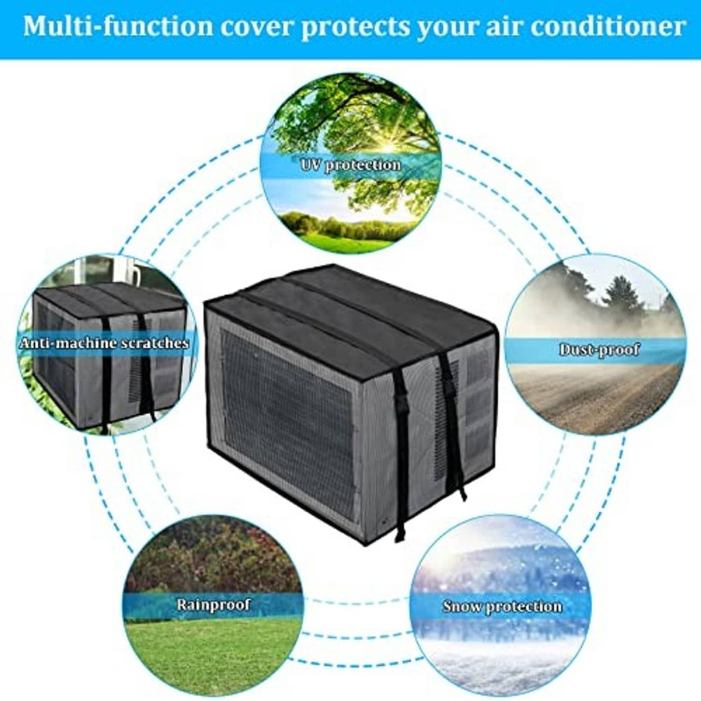 Black mesh air conditioner cover with multi-panel top and protective side ties