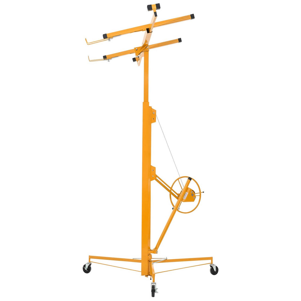 Orange drywall hoist lifter with telescoping arm, winch crank, and four caster wheels.