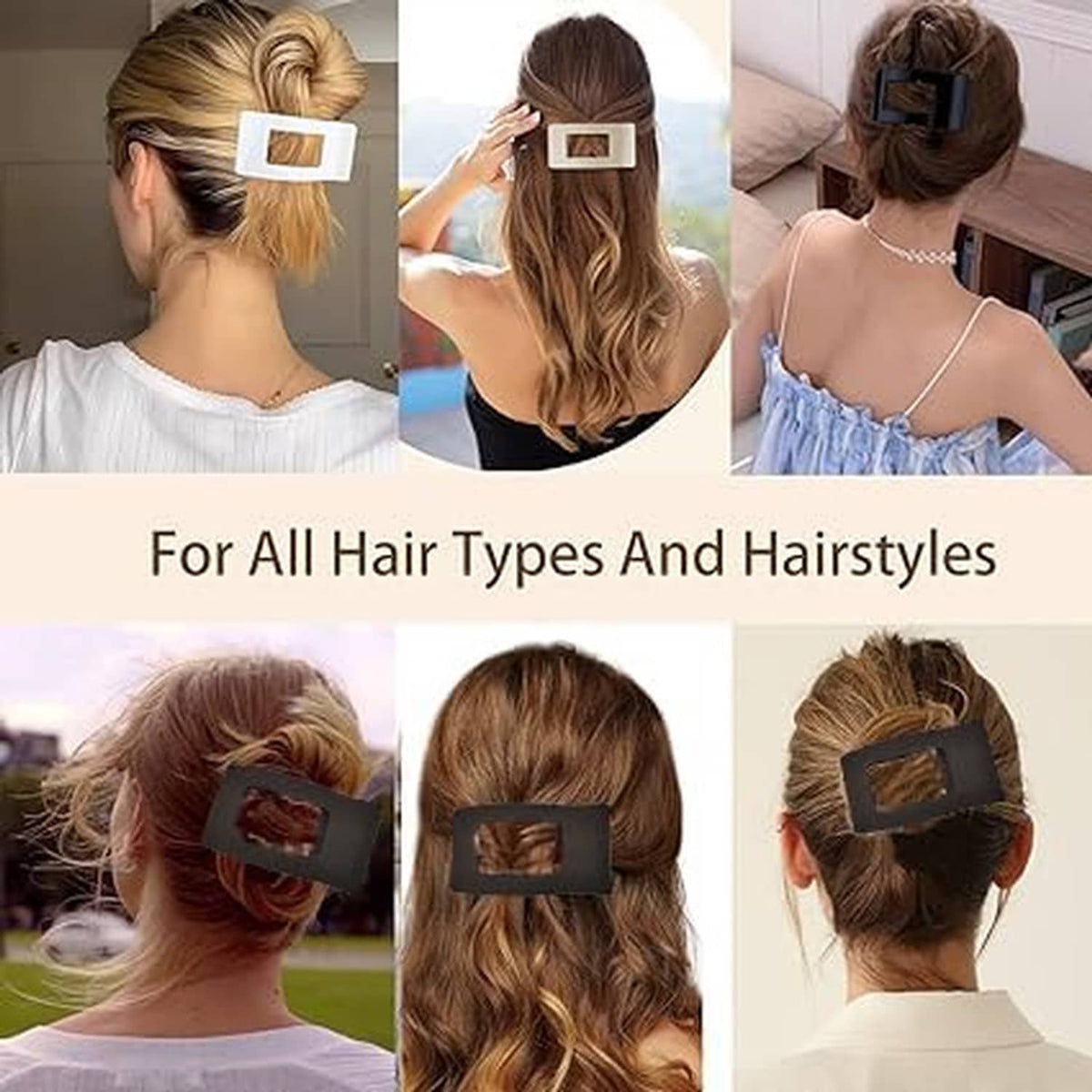 Four square flat claw hair clips holding updo hairstyles, dark clips on different hair colors