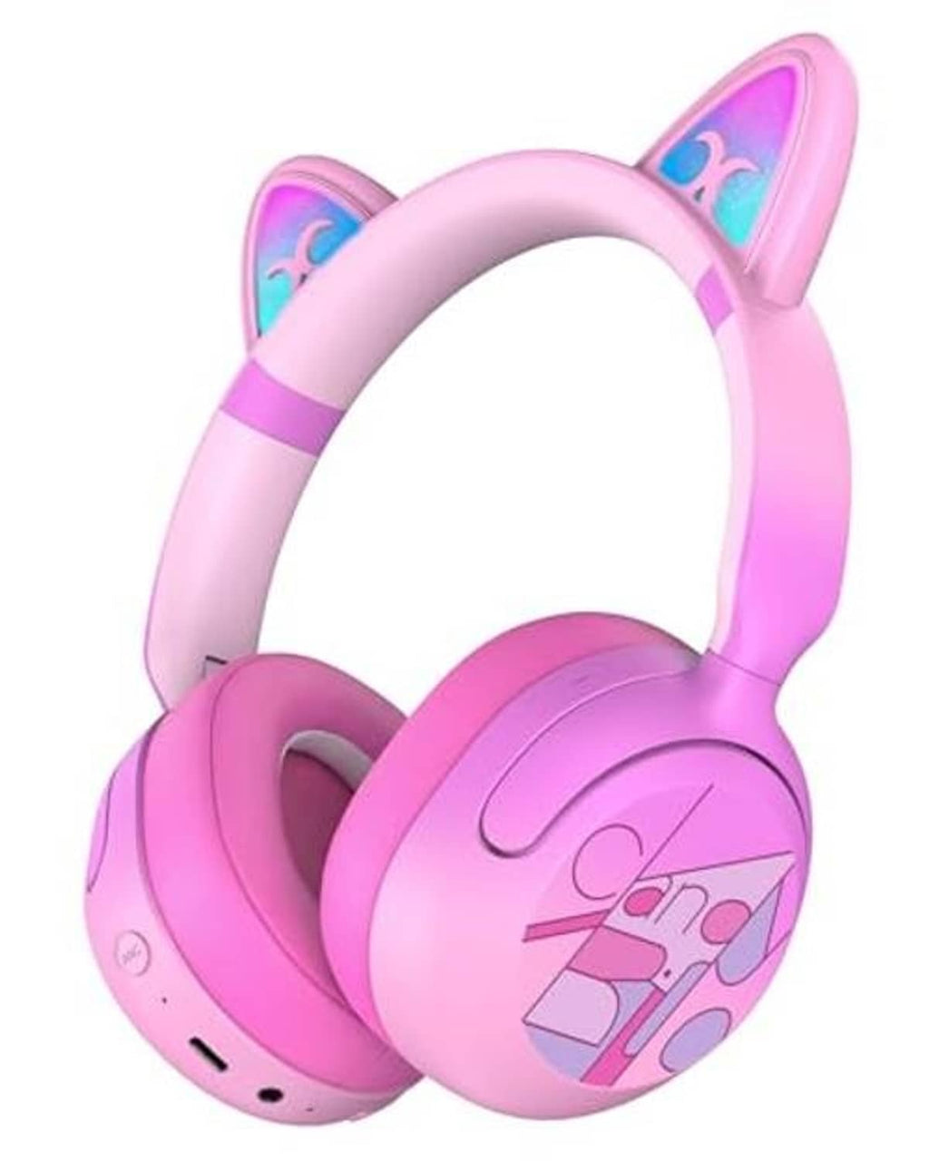 Front-view pink over-ear Bluetooth headphones with LED cat ears and padded ear cups
