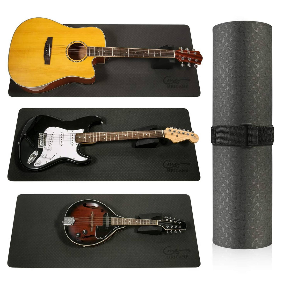 Black guitar work mat kit with molded guitar-shaped compartments for support