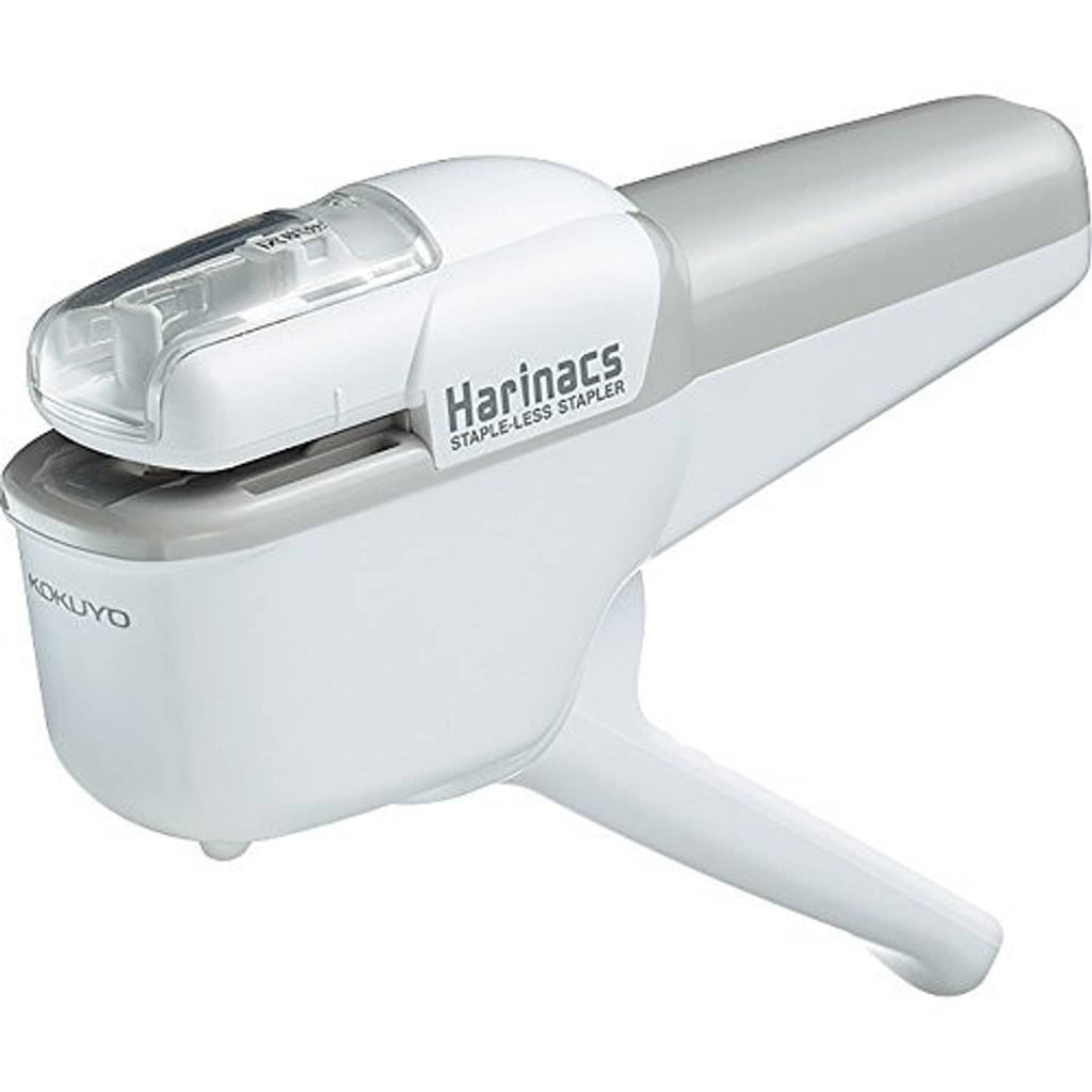 White Kokuyo Harinacs stapleless stapler with clear top cover and lever, portable design