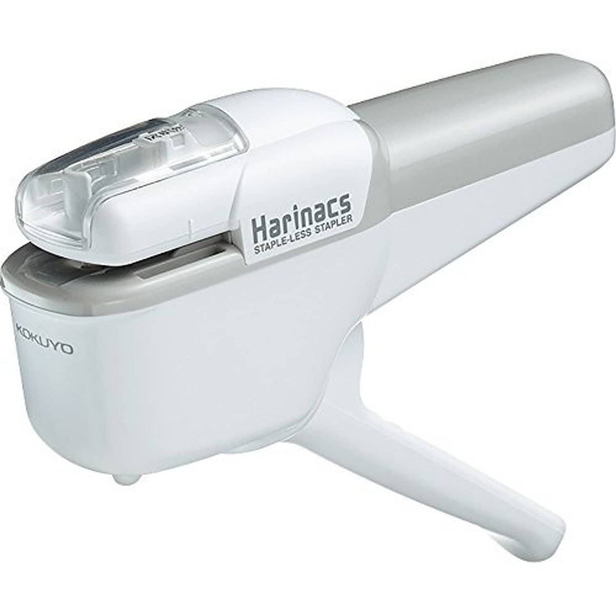 White Kokuyo Harinacs stapleless stapler with clear top cover and lever, portable design