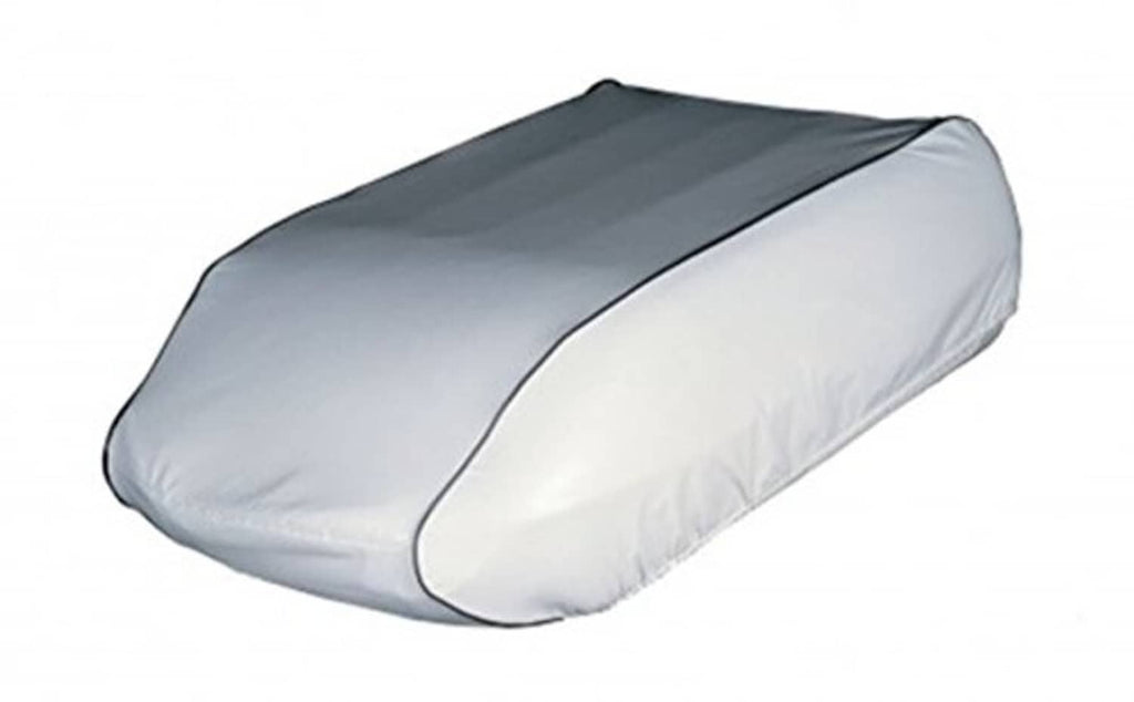 RV air conditioner cover, white sides with dark gray top, rounded hood design
