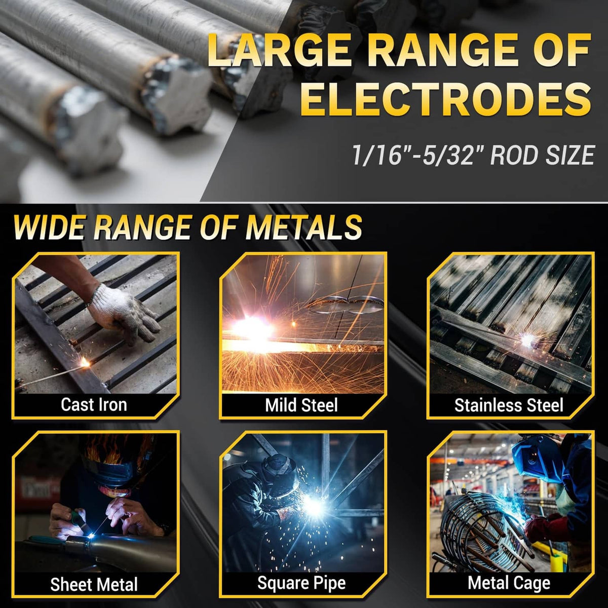 Welding rods with metal workpieces and arc sparks for MMA stick welding