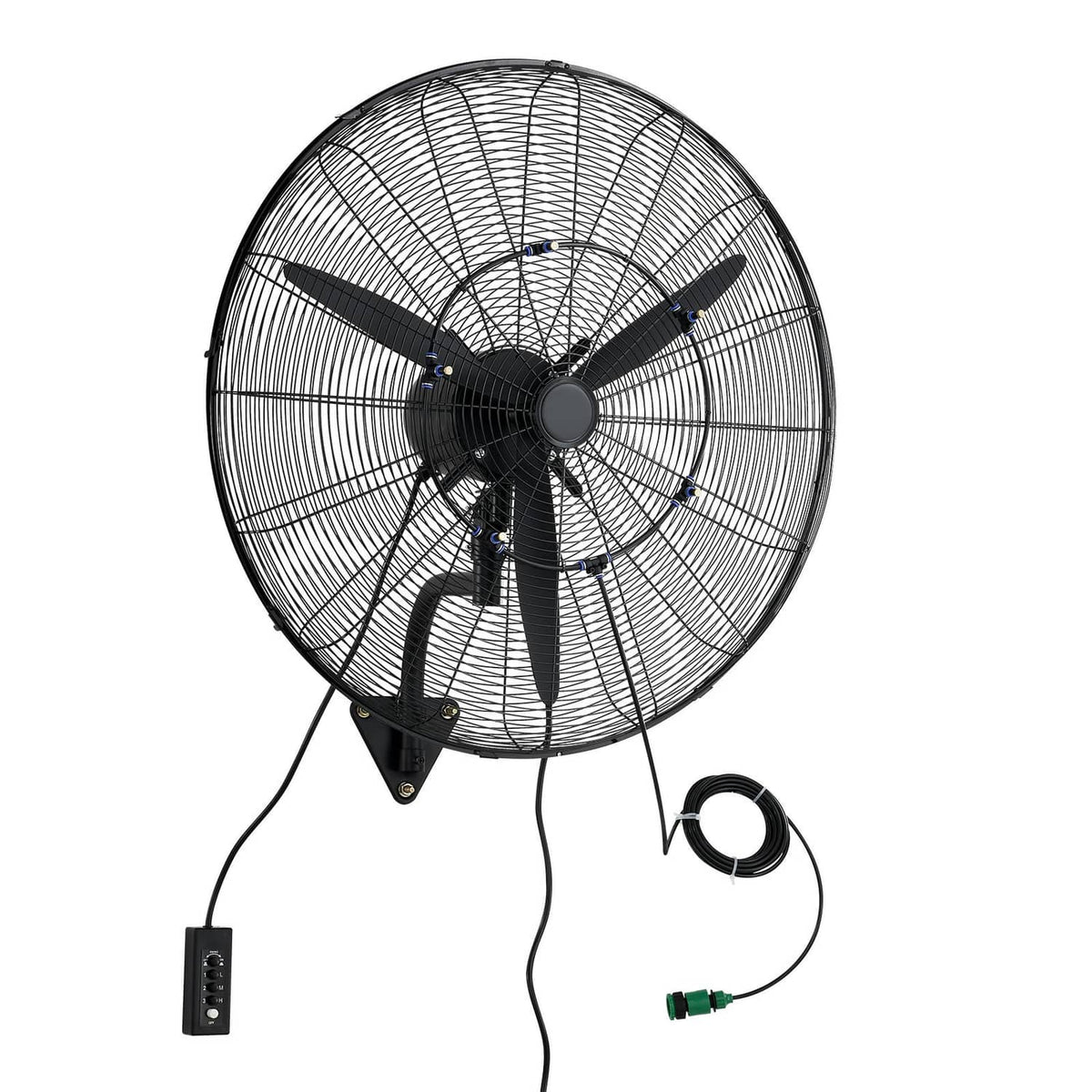 Wall-mounted oscillating fan with black grille, central motor hub, and control box