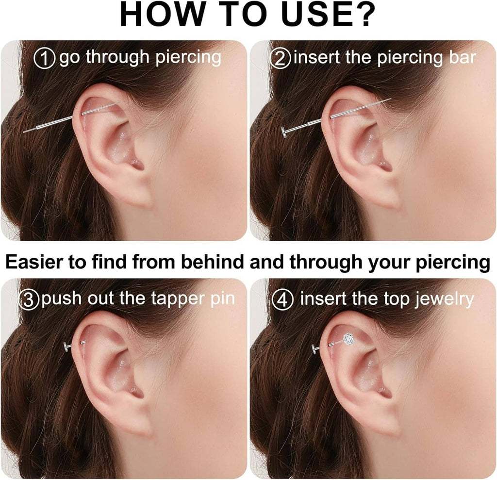 Small round CZ flat-back stud earring on straight bar post